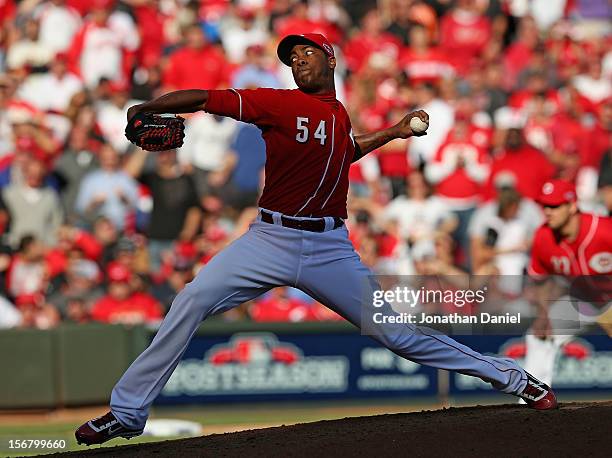 Aroldis Chapman of the Cincinnati Reds pitches against the San Francisco Giants in Game Five of the National League Division Series at the Great...