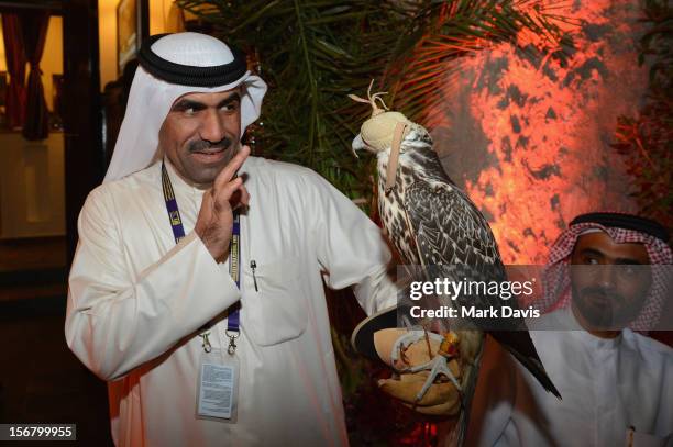 Guest with a Falcon attends the Khaleeji Reception at the Al Bander Restaurant during the 2012 Doha Tribeca Film Festival on November 21, 2012 in...