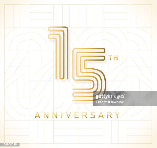 ilustrações de stock, clip art, desenhos animados e ícones de golden 15 year anniversary square logo geometric typography design - número 15