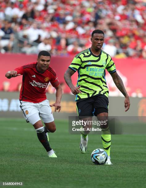 Gabriel of Arsenal in action against Casemiro of Manchester United during their Pre-Season friendly match at MetLife Stadium on July 22, 2023 in East...