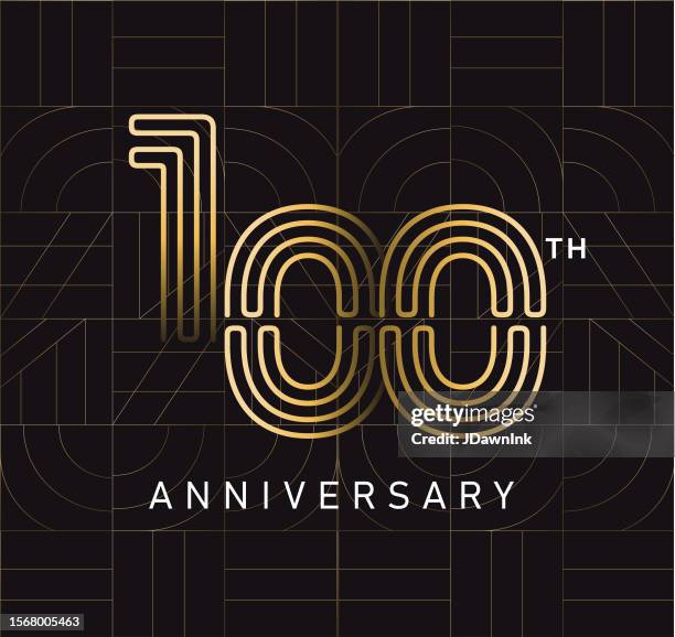 golden 100 year anniversary square logo geometric typography design - number 100 stock illustrations