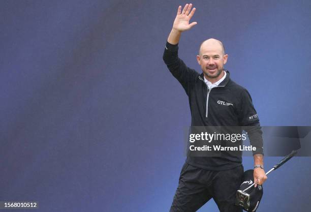 Brian Harman of the United States celebrates after putting out the 18th green to win The 151st Open Championship at Royal Liverpool Golf Club on July...