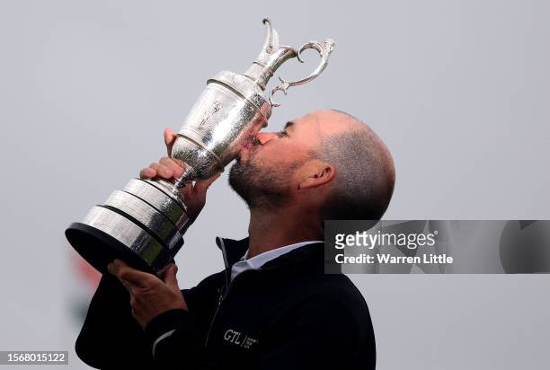 Brian Harman of the United States kisses the Claret Jug after winning during the final round of The 151st Open Championship at Royal Liverpool Golf...