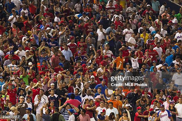 Fans of Team Panama cheer in the stands during Game 6 of the Qualifying Round of the World Baseball Classic against Team Brazil at Rod Carew National...