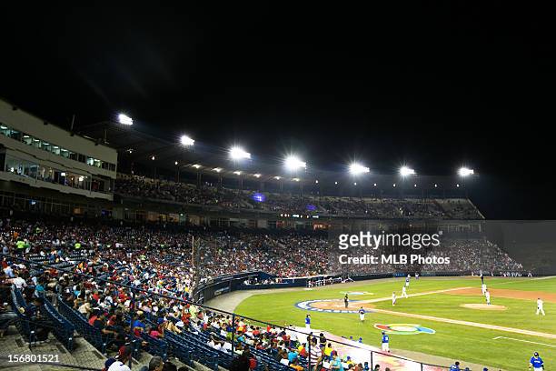 General view of Rod Carew National Stadium from the left field upper deck during Game 6 of the Qualifying Round of the World Baseball Classic between...