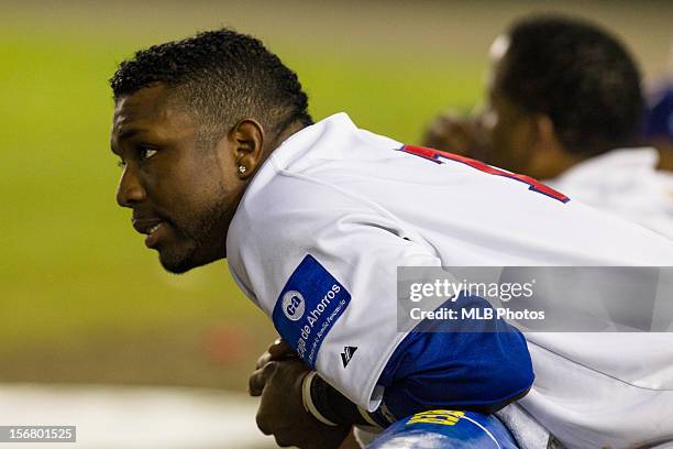 Isaias Velasquez of Team Panama looks on from the dugout during Game 6 of the Qualifying Round of the World Baseball Classic against Team Brazil at...