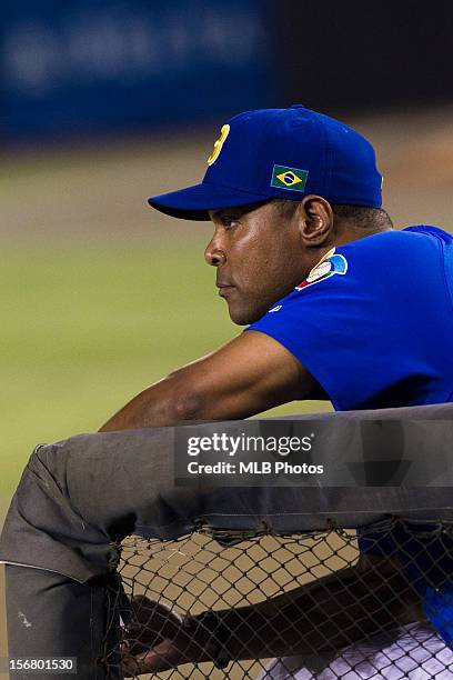 Barry Larkin manager of Team Brazil looks on from the dugout during Game 6 of the Qualifying Round of the World Baseball Classic against Team Panama...