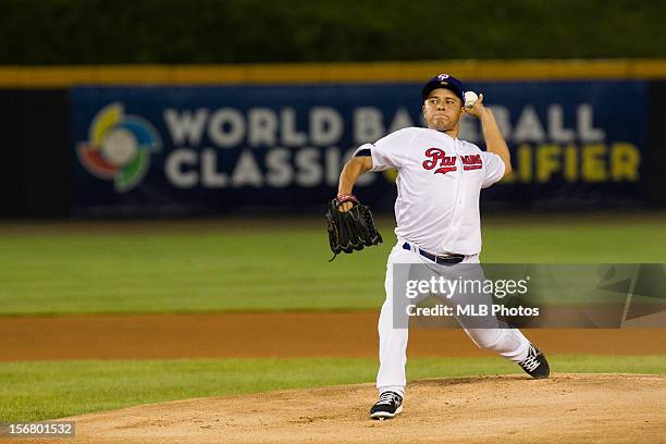 Angel Cuan of Team Panama pitches during Game 6 of the Qualifying Round of the World Baseball Classic against Team Brazil at Rod Carew National...