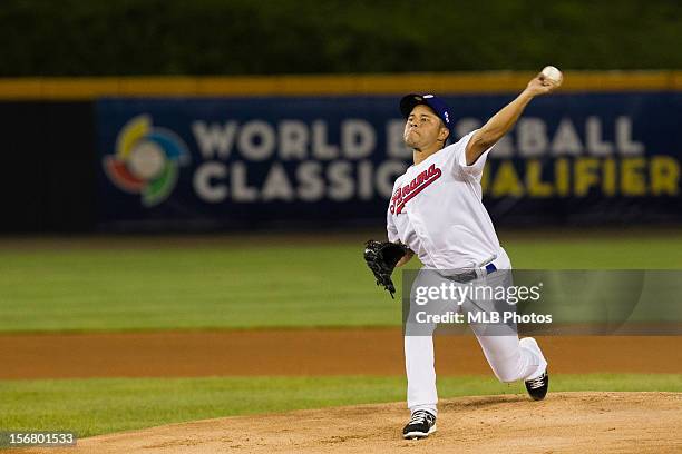 Angel Cuan of Team Panama pitches during Game 6 of the Qualifying Round of the World Baseball Classic against Team Brazil at Rod Carew National...