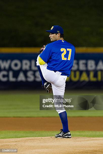 Rafael Fernandes of Team Brazil pitches during Game 6 of the Qualifying Round of the World Baseball Classic against Team Panama at Rod Carew National...