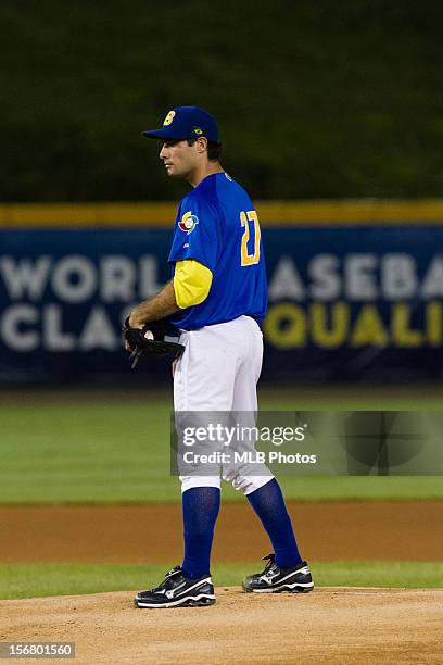 Rafael Fernandes of Team Brazil pitches during Game 6 of the Qualifying Round of the World Baseball Classic against Team Panama at Rod Carew National...