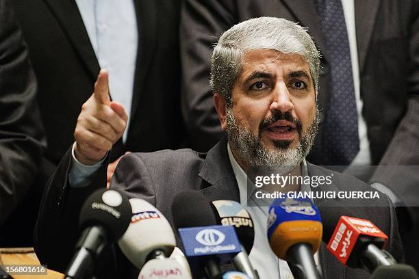 Hamas Leader Khaled Meshaal gives a press conference at the Intercontinental Hotel on November 21, 2012 in Cairo, hours after Egyptian Foreign...