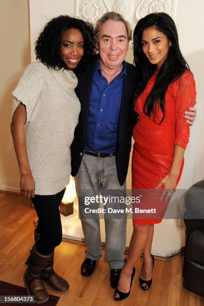 Cast member Heather Headley, Lord Andrew Lloyd Webber and Nicole Scherzinger pose backstage at the West End production of 'The Bodyguard' playing at...