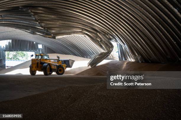 Ukrainians salvage barley and peas three days after five Russian missiles struck a grain storage facility in the village of Pavlivka, Odesa region,...