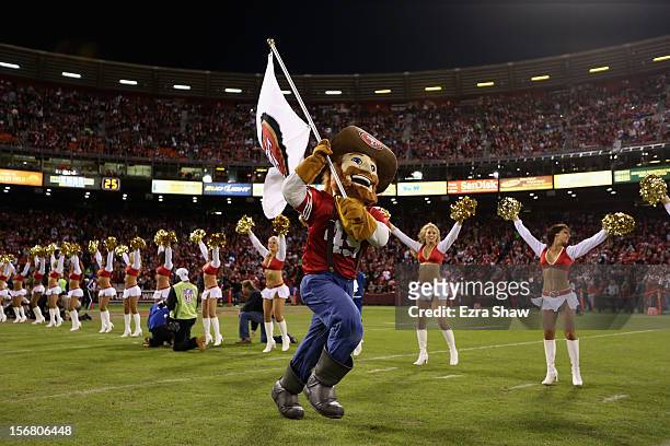 The San Francisco 49ers mascot Sourdough Sam runs onto the field before their game against the Chicago Bears at Candlestick Park on November 19, 2012...