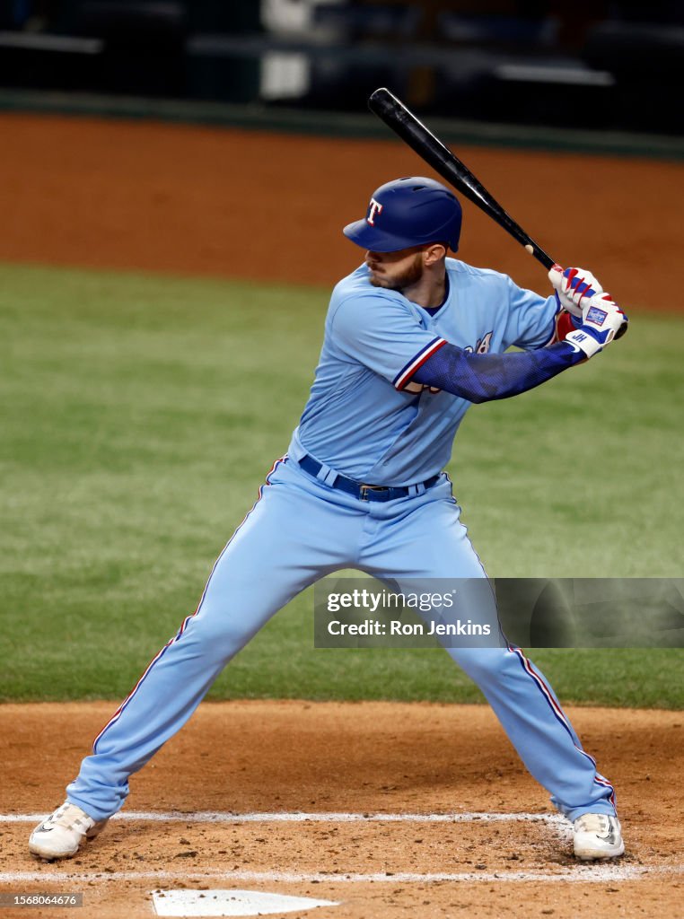 Texas Ranger Heim Jonah Heim of the Texas Rangers bats against the Los Angeles Dodgers ...