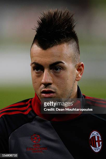 Stephan El Shaarawy of AC Milan warms up prior to the UEFA Champions League Group C match between RSC Anderlecht and AC Milan at the Constant Vanden...