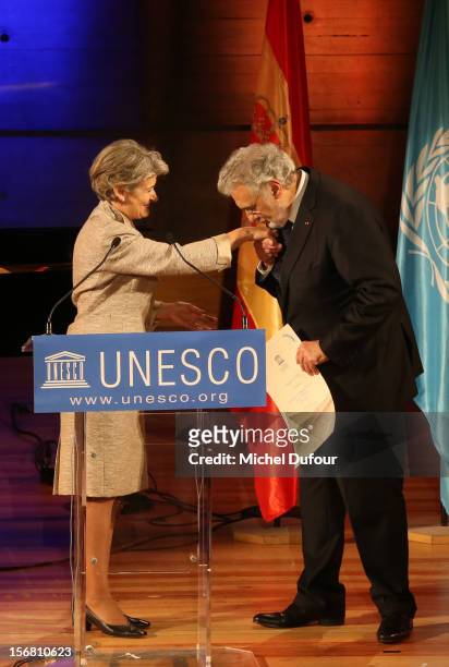 Irina Bokova and Placido Domingo attend the ceremony naming Placido Domingo Goodwill Ambassador of UNESCO at UNESCO on November 21, 2012 in Paris,...