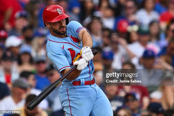 Paul DeJong of the St. Louis Cardinals bats against the Chicago Cubs at Wrigley Field on July 22, 2023 in Chicago, Illinois.