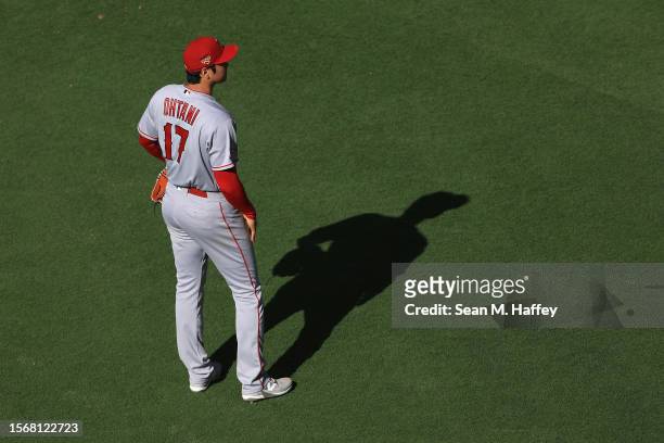 Shohei Ohtani of the Los Angeles Angels looks on during a game against the San Diego Padres at PETCO Park on July 04, 2023 in San Diego, California.