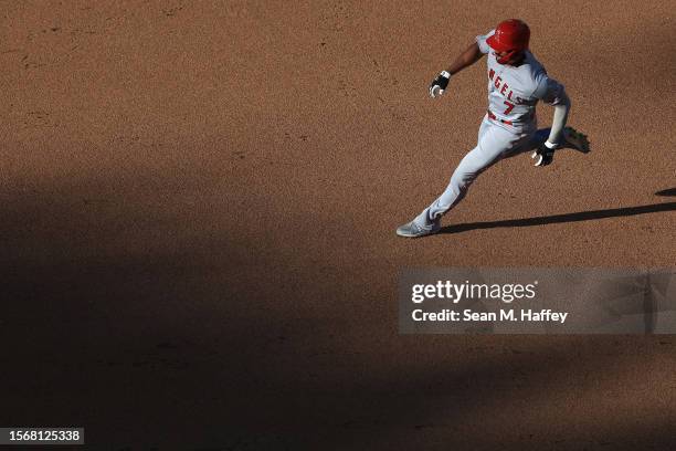 Joe Adell of the Los Angeles Angels runs to second base during a game against the San Diego Padres at PETCO Park on July 04, 2023 in San Diego,...