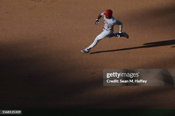 Joe Adell of the Los Angeles Angels runs to second base during a game against the San Diego Padres at PETCO Park on July 04, 2023 in San Diego,...