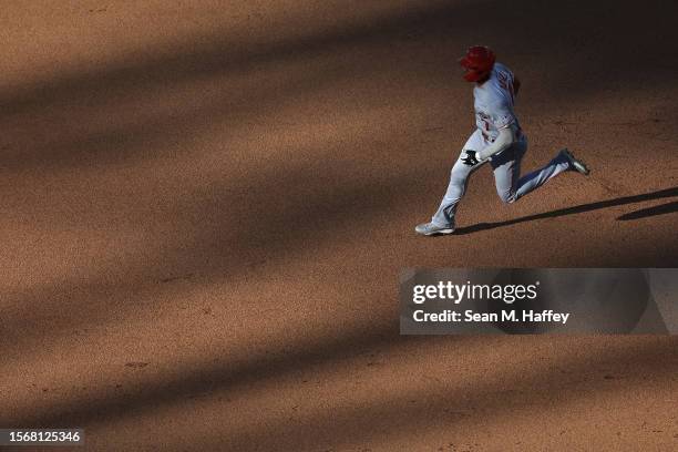 Joe Adell of the Los Angeles Angels runs to second base during a game against the San Diego Padres at PETCO Park on July 04, 2023 in San Diego,...