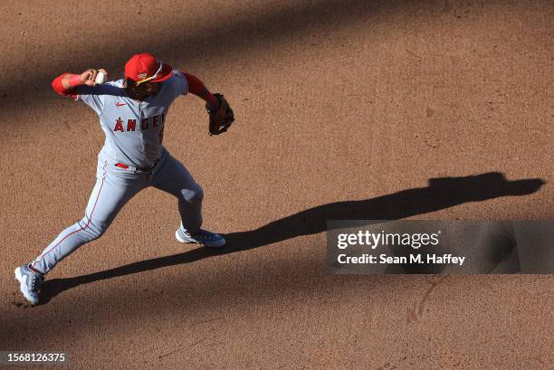 Eduardo Escobar of the Los Angeles Angels at third base during a game against the San Diego Padres at PETCO Park on July 04, 2023 in San Diego,...