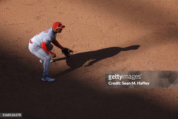 Eduardo Escobar of the Los Angeles Angels at third base during a game against the San Diego Padres at PETCO Park on July 04, 2023 in San Diego,...