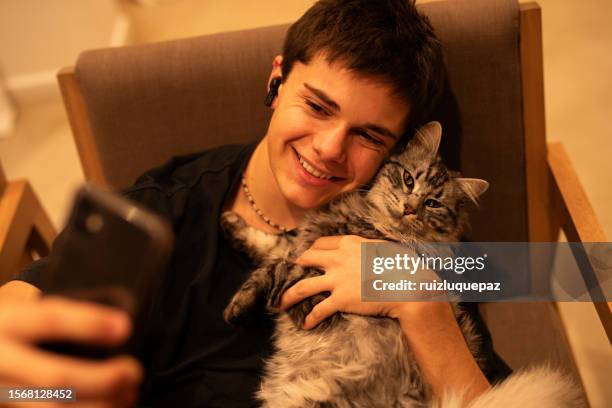 teenage boy using smartphone stroking his cat - cat selfie stock pictures, royalty-free photos & images