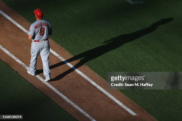 Mike Moustakas of the Los Angeles Angels walks to first base during a game against the San Diego Padres at PETCO Park on July 04, 2023 in San Diego,...