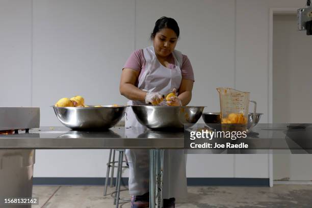 Laura Vasquez, a kitchen worker, slices peaches harvested from the trees at Pearson Farm on July 24, 2023 in Fort Valley, Georgia. The peaches will...