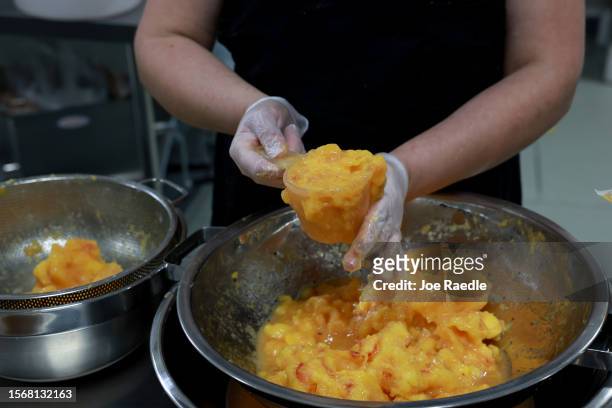 Laura Vasquez, a kitchen worker, slices peaches harvested from the trees at Pearson Farm on July 24, 2023 in Fort Valley, Georgia. The peaches will...