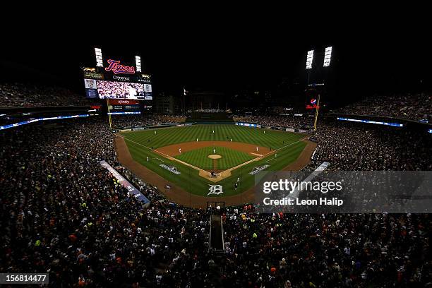 General view of the field between the Detroit Tigers and the New York Yankees during game three of the American League Championship Series at...