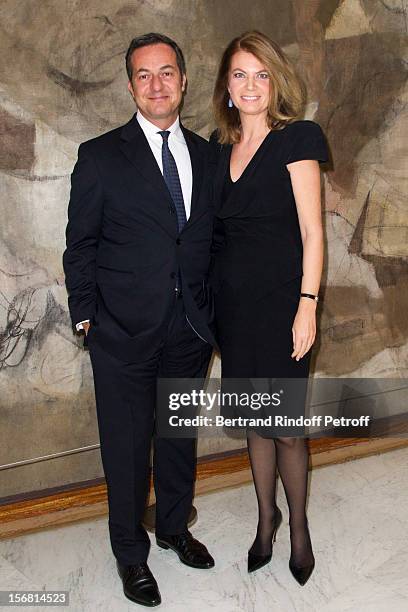 Baroness Arielle de Rothschild and Frederic Naquet attend Placido Domingo's induction ceremony as Goodwill Ambassador of UNESCO at UNESCO on November...