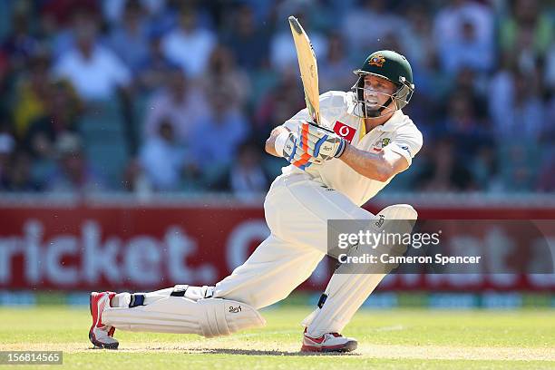 Michael Hussey of Australia bats during day one of the 2nd Test match between Australia and South Africa at Adelaide Oval on November 22, 2012 in...