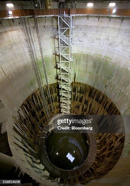 Shaft, which channels flood water, stands in the Metropolitan Area Outer Underground Discharge Channel in Kasukabe City, Saitama Prefecture, Japan,...