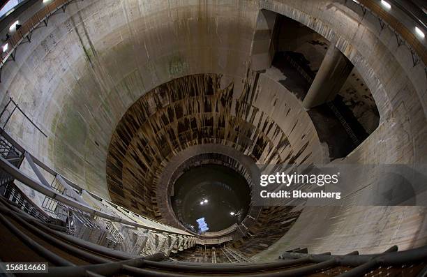 Shaft, which channels flood water, stands in the Metropolitan Area Outer Underground Discharge Channel in Kasukabe City, Saitama Prefecture, Japan,...