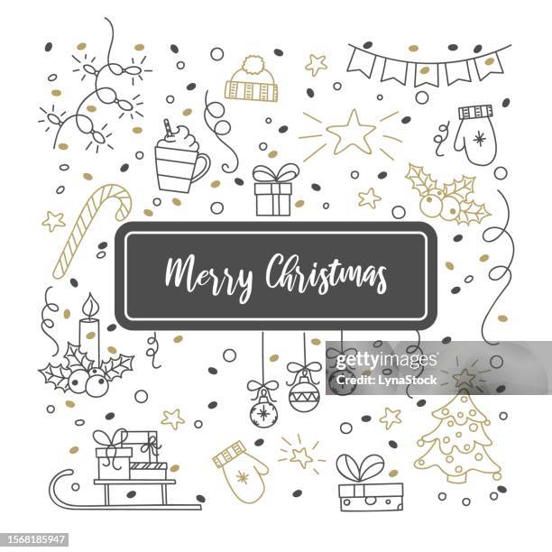 set of christmas and new year design in doodle style. hand drawn holiday vector collection. cartoon illustration. winter postcard. vector elements isolated on white background. - santa hat stock illustrations