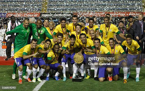 Players of Brazil celebrates after the second leg of the Superclasico de Las Americas between Argentina and Brazil at Bombonera Stadium on November...