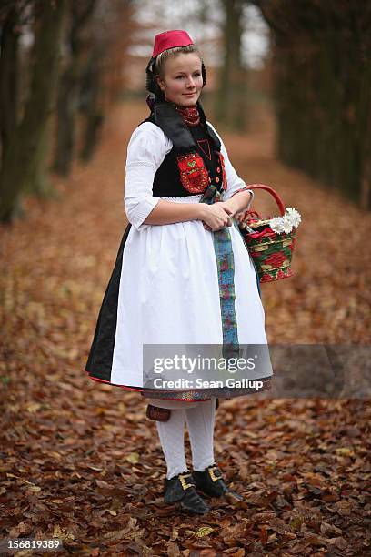 Little Red Riding Hood , actually actress Dorothee Weppler, wears the local Schwalm region folk dress with its red cap as she walks through a forest...