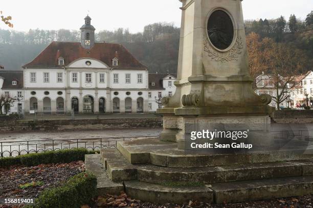 Monument to Landgrave Karl of Hessen-Kassel stands opposite town hall on November 19, 2012 in Bad Karlshafen, Germany. Bad Karlshafen was heavily...