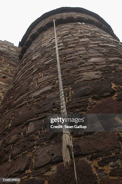 Rope meant to represent Rapunzel's hair hangs from a tower of Trendelburg Castle on November 18, 2012 in Trendelburg, Germany. Rapunzel is one of the...