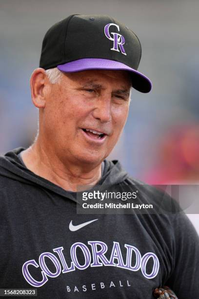 Manager Bud Black of the Colorado Rockies looks on during a baseball game against the Washington Nationals at Nationals Park on July 24, 2023 in...