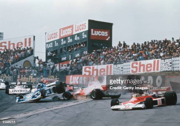 McLaren Ford driver James Hunt is involved in a pile up during the Formula One British Grand Prix at Brands Hatch in Kent, England. \ Mandatory...