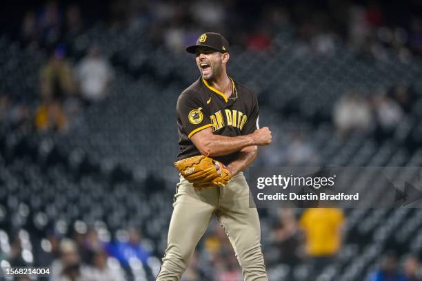Nick Martinez of the San Diego Padres celebrates after pitching a scoreless ninth inning against the Colorado Rockies at Coors Field on July 31, 2023...