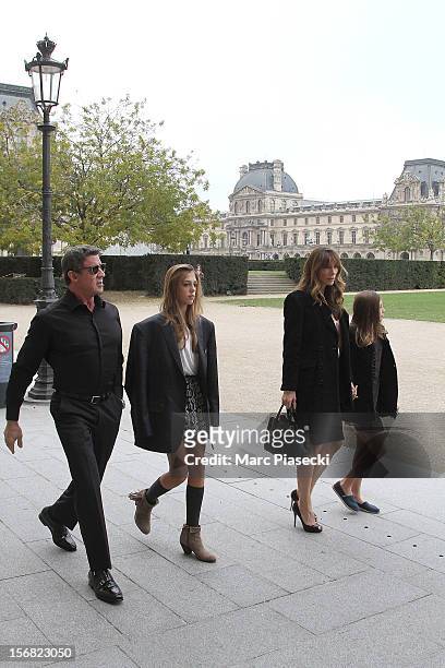 Actor Sylvester Stallone, his wife Jennifer Flavin, his daughters Scarlet Rose and Sisitine Rose are sighted in the 'Louvre' gardens on November 22,...