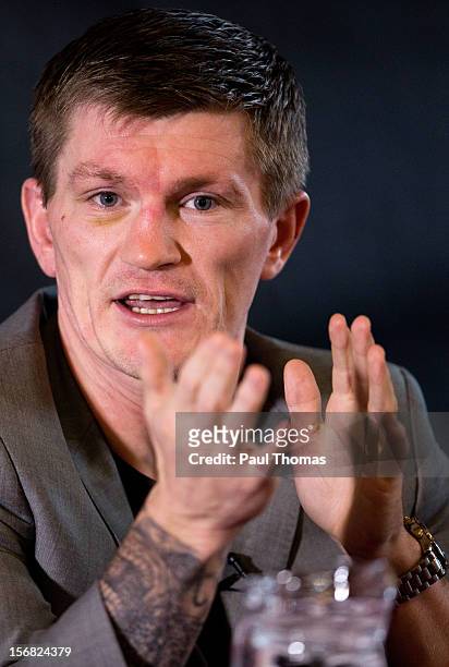 Boxer Ricky Hatton speaks during a media interview at the Manchester Town Hall on November 22, 2012 in Manchester, England. Hatton has his comeback...