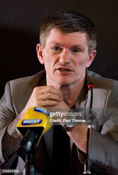 Boxer Ricky Hatton speaks during a media interview at the Manchester Town Hall on November 22, 2012 in Manchester, England. Hatton has his comeback...