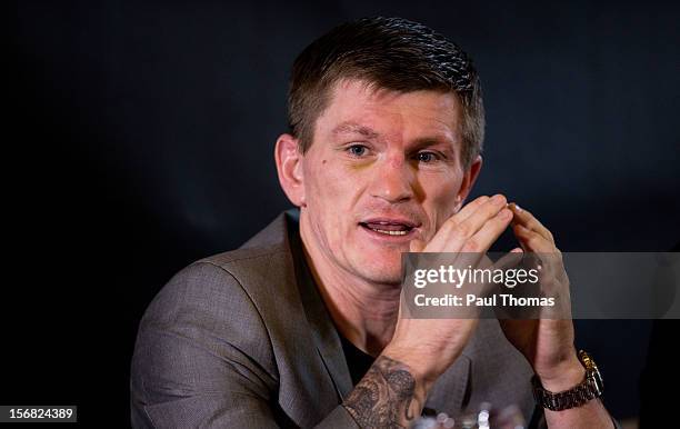 Boxer Ricky Hatton speaks during a media interview at the Manchester Town Hall on November 22, 2012 in Manchester, England. Hatton has his comeback...